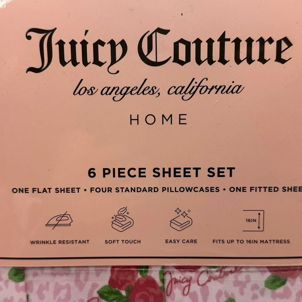 Juicy Couture Queen Sheet Set Pink Rose Leopard 6 Piece Bedding Set New